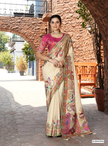 Elegant Chiku Dola Saree with Woven Temple & Peacock Motif Border  S-195-B